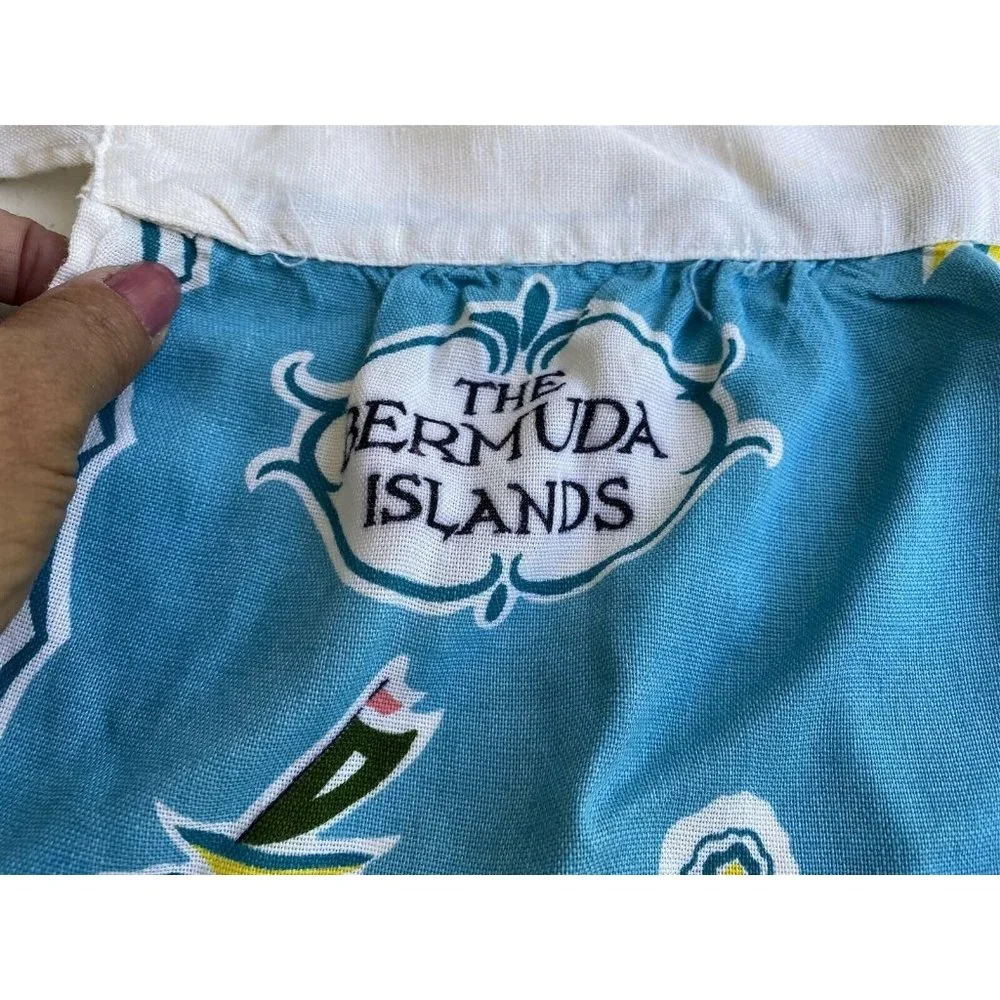 Vintage Irish Linen Apron and Towel Bermuda Map Made in Ireland Blue Tropical